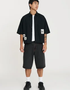 Raw Patch Cropped Short Sleeve Shirt in Black