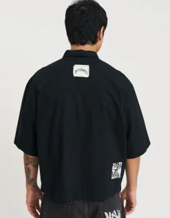 Raw Patch Cropped Short Sleeve Shirt in Black