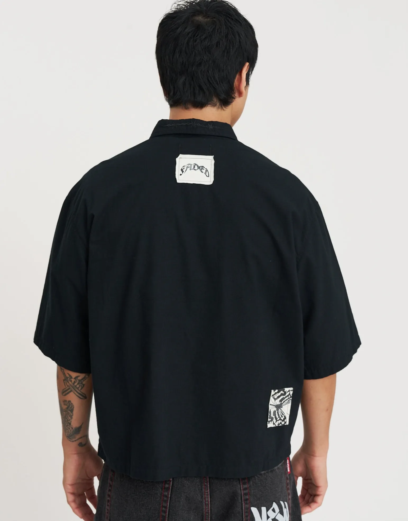 Raw Patch Cropped Short Sleeve Shirt in Black