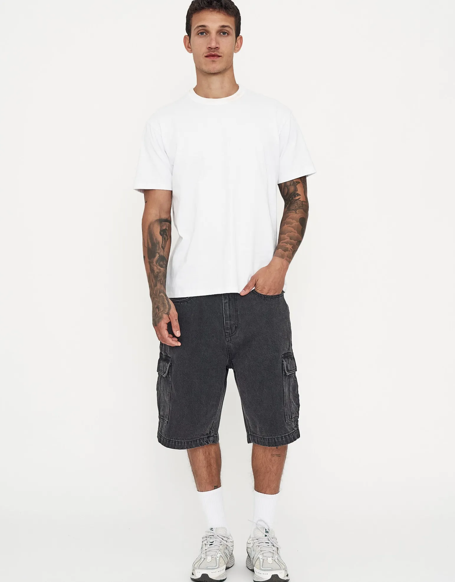 Relaxed Fit Cargo Jorts in Cloud White