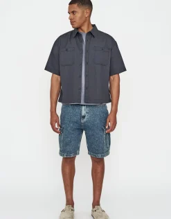 Relaxed Fit Cargo Jorts in Washed Black
