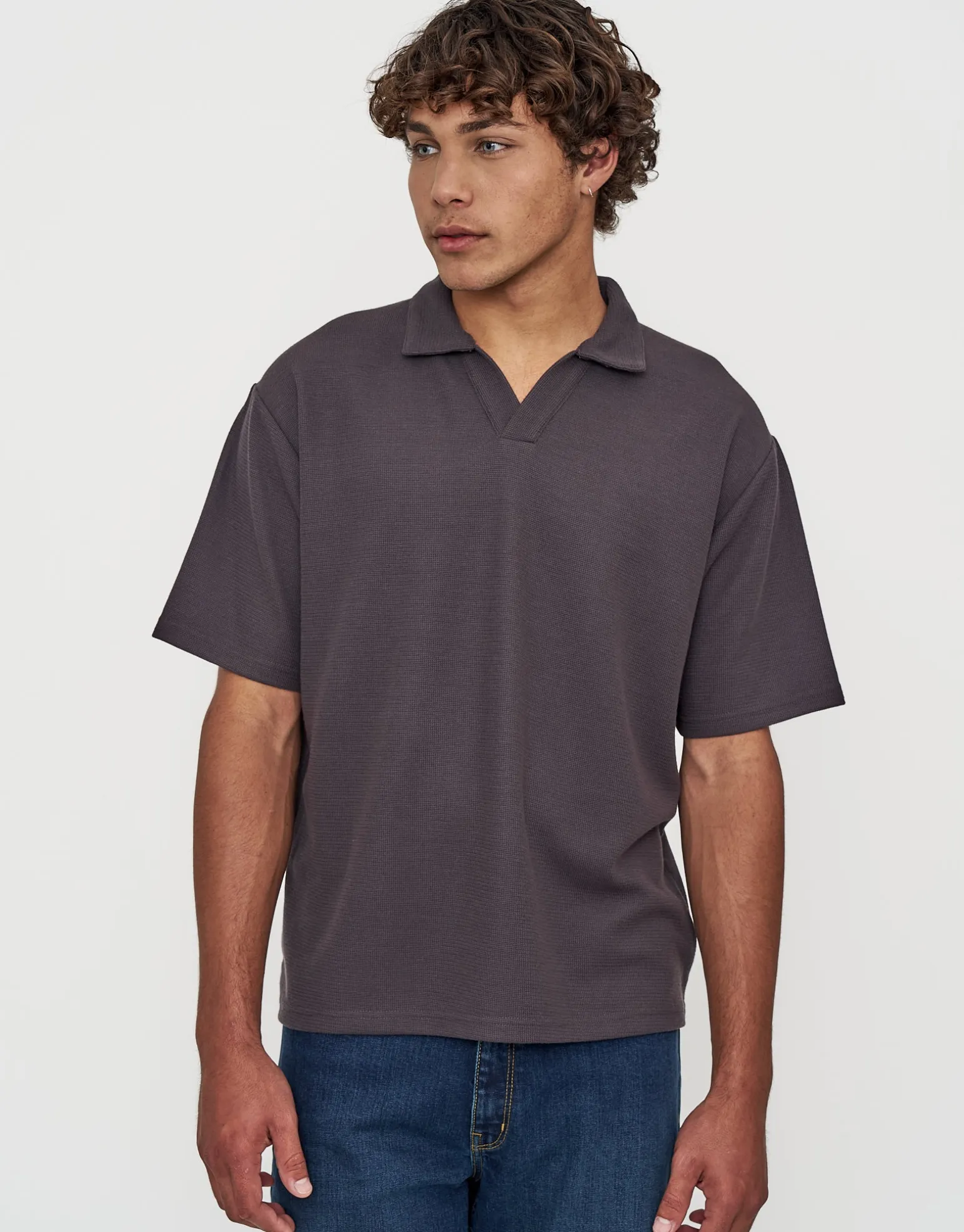 Relaxed Open Collar Polo in Ash Grey