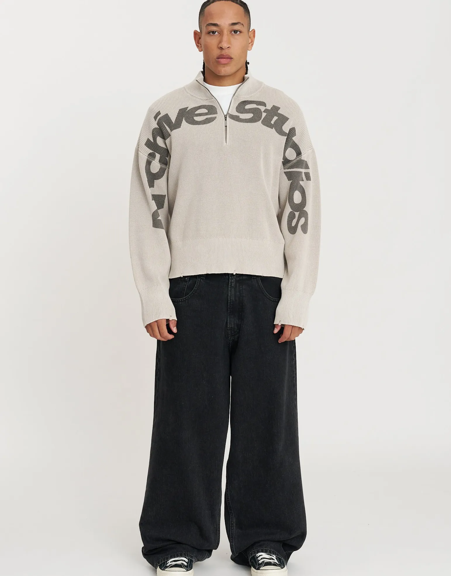 Ribbed Quarter Zip Knit in Stone