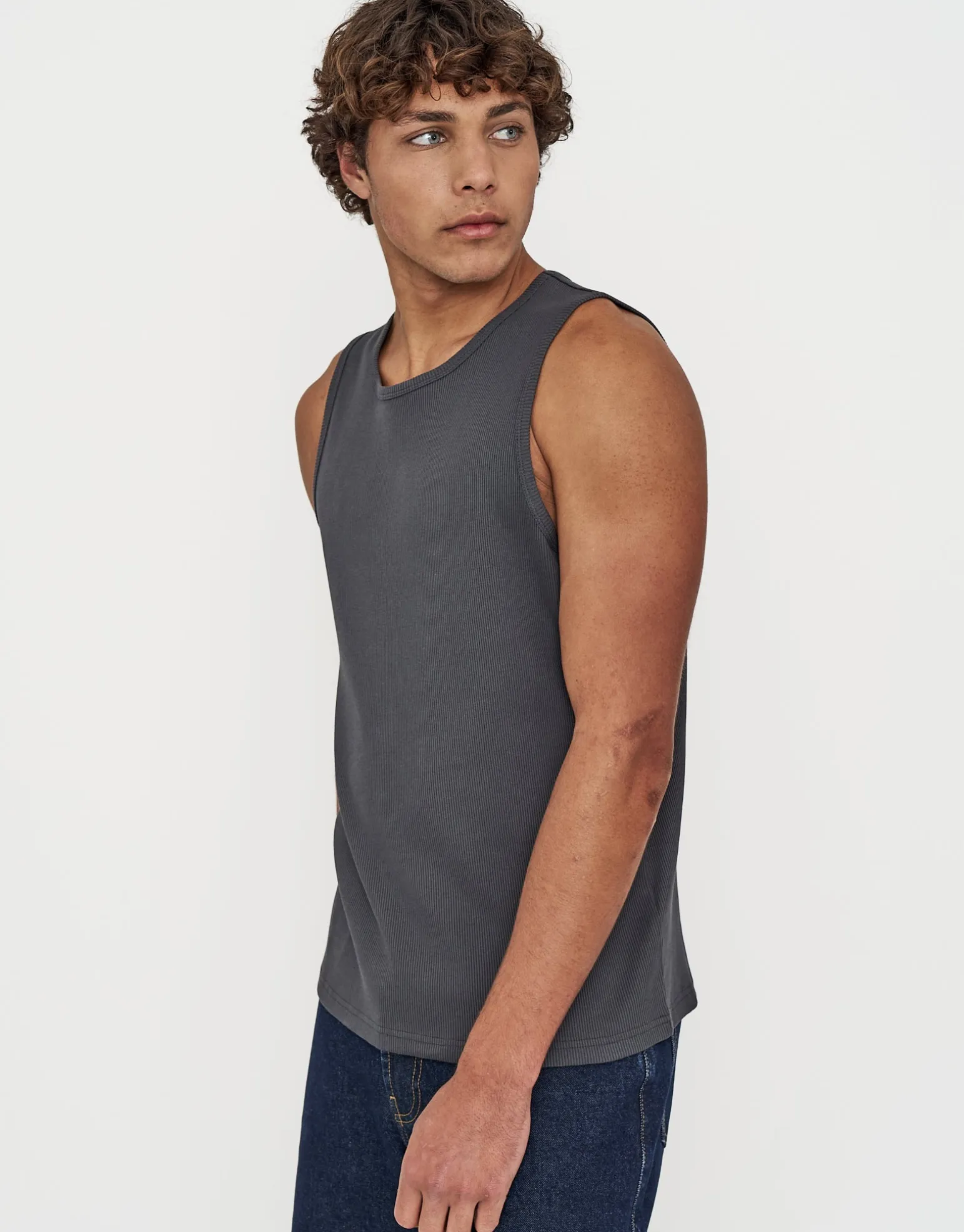 Ribbed Slim Fit Cotton Singlet in Asphalt
