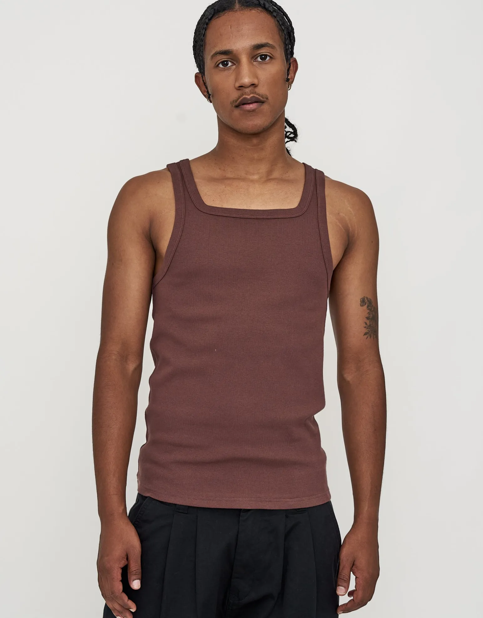 Ribbed Square Neck Singlet in Bitter Brown
