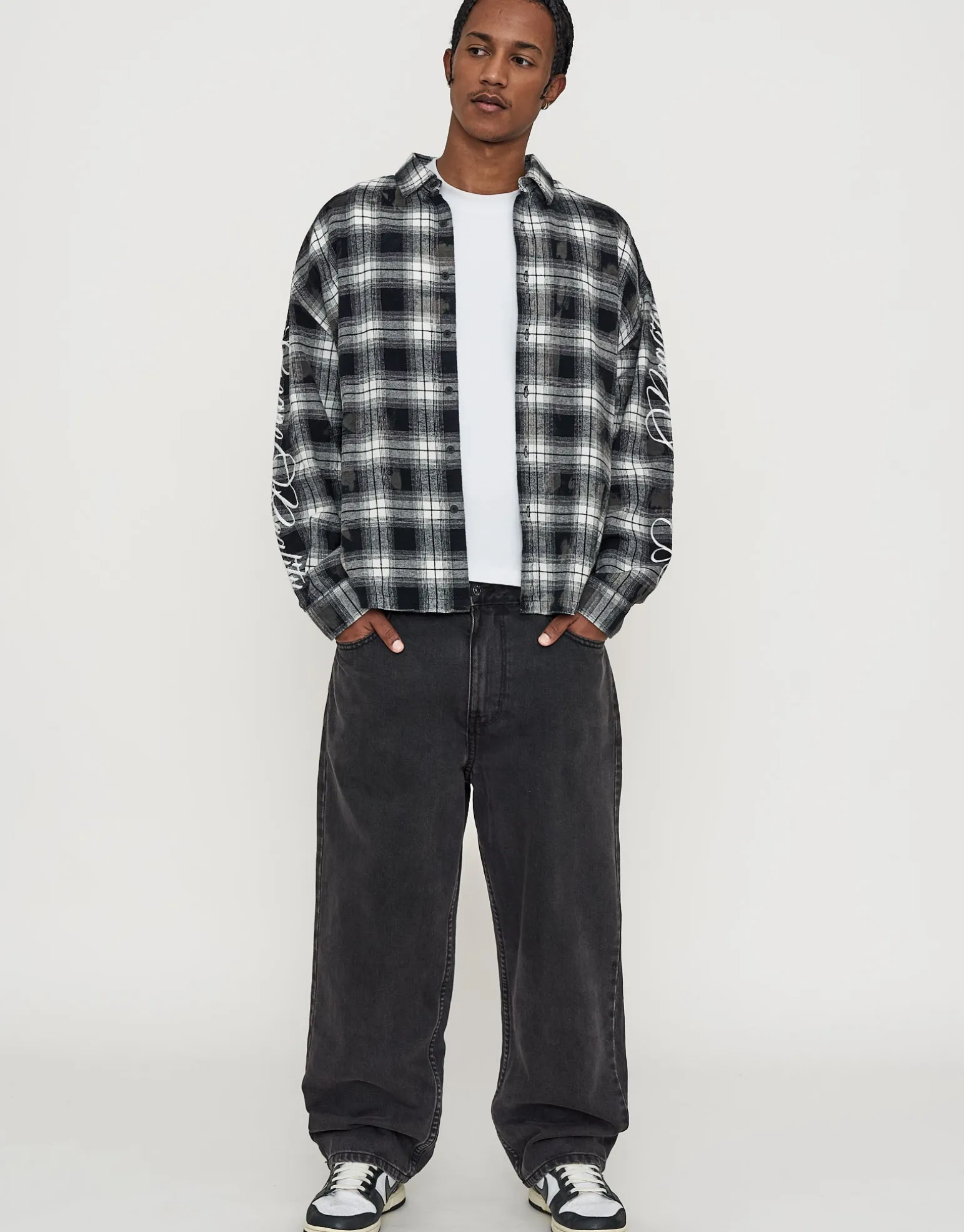 Script Check Oversized Long Sleeve Shirt in Black Check