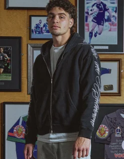 Script Oversized Cropped Zip Up Hoodie in Washed Black