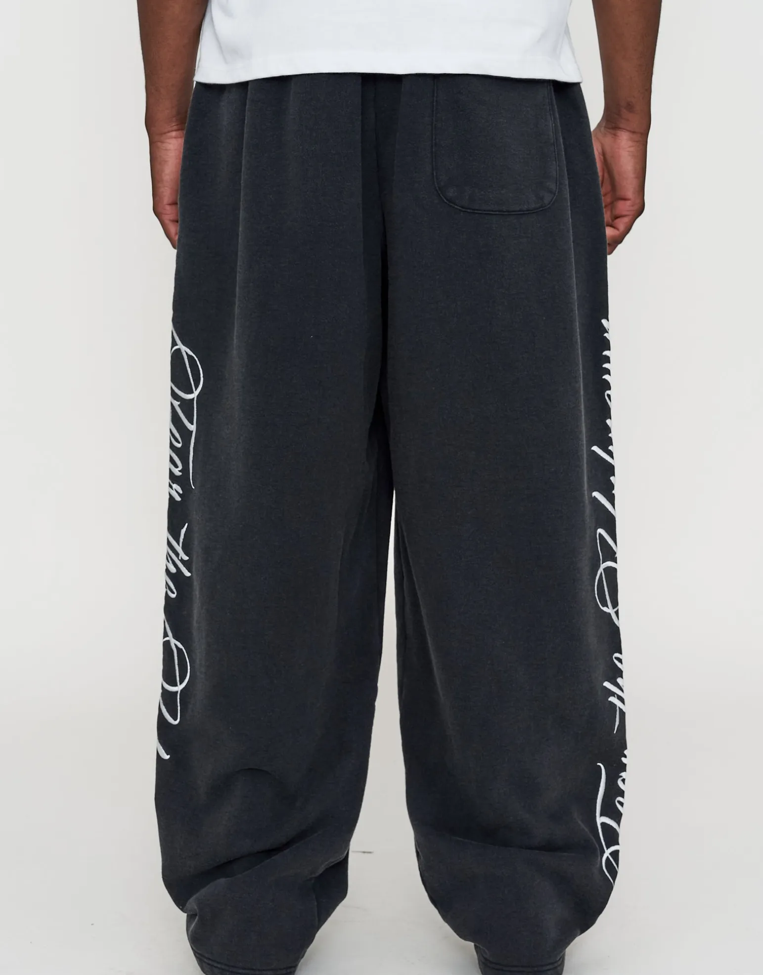 Script Wide Leg Track Pants in Washed Black