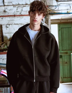 Scuba Oversized Cropped Zip Up Hoodie in Brown
