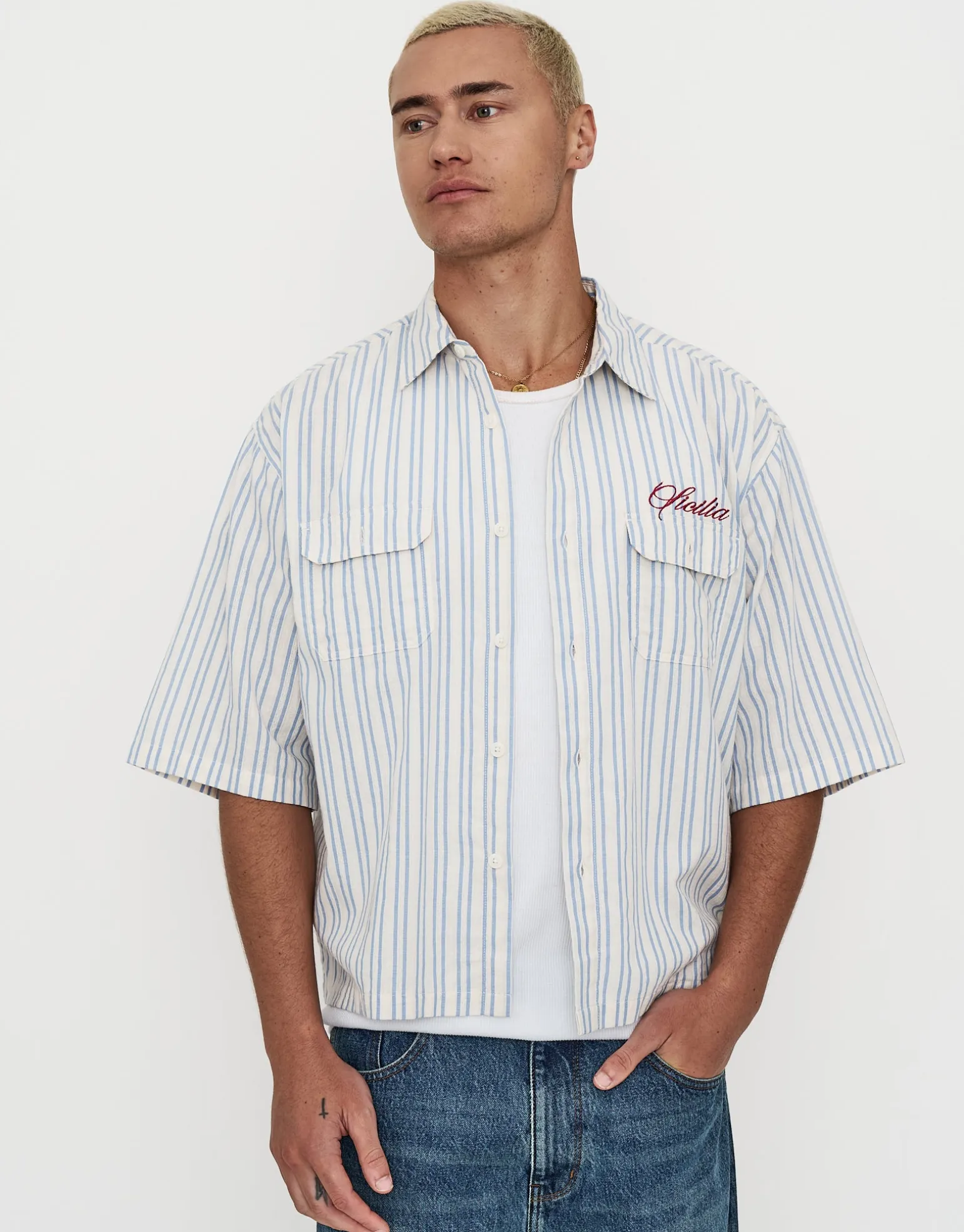 Sicilia Cropped Short Sleeve Shirt in Off White
