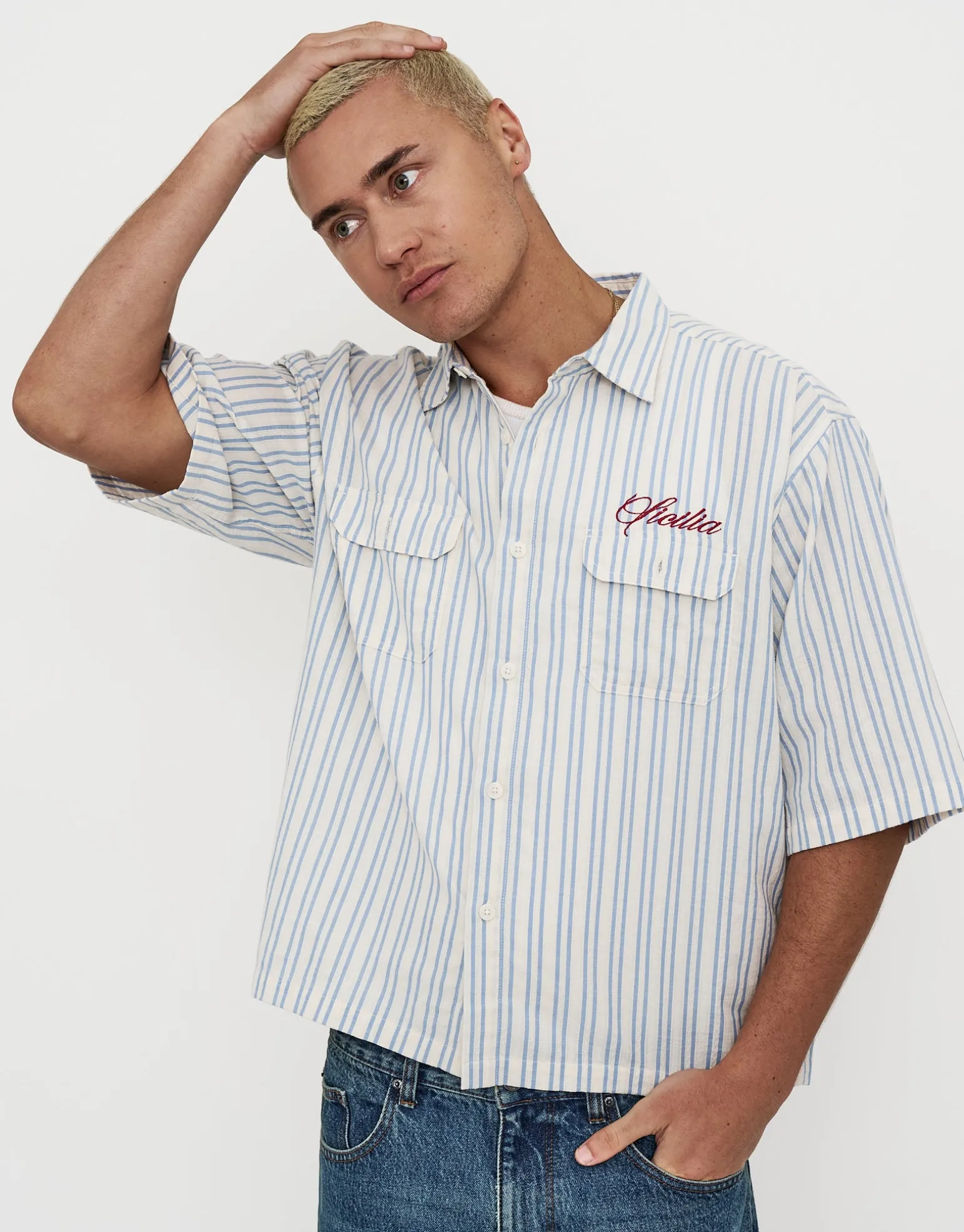 Sicilia Cropped Short Sleeve Shirt in Off White