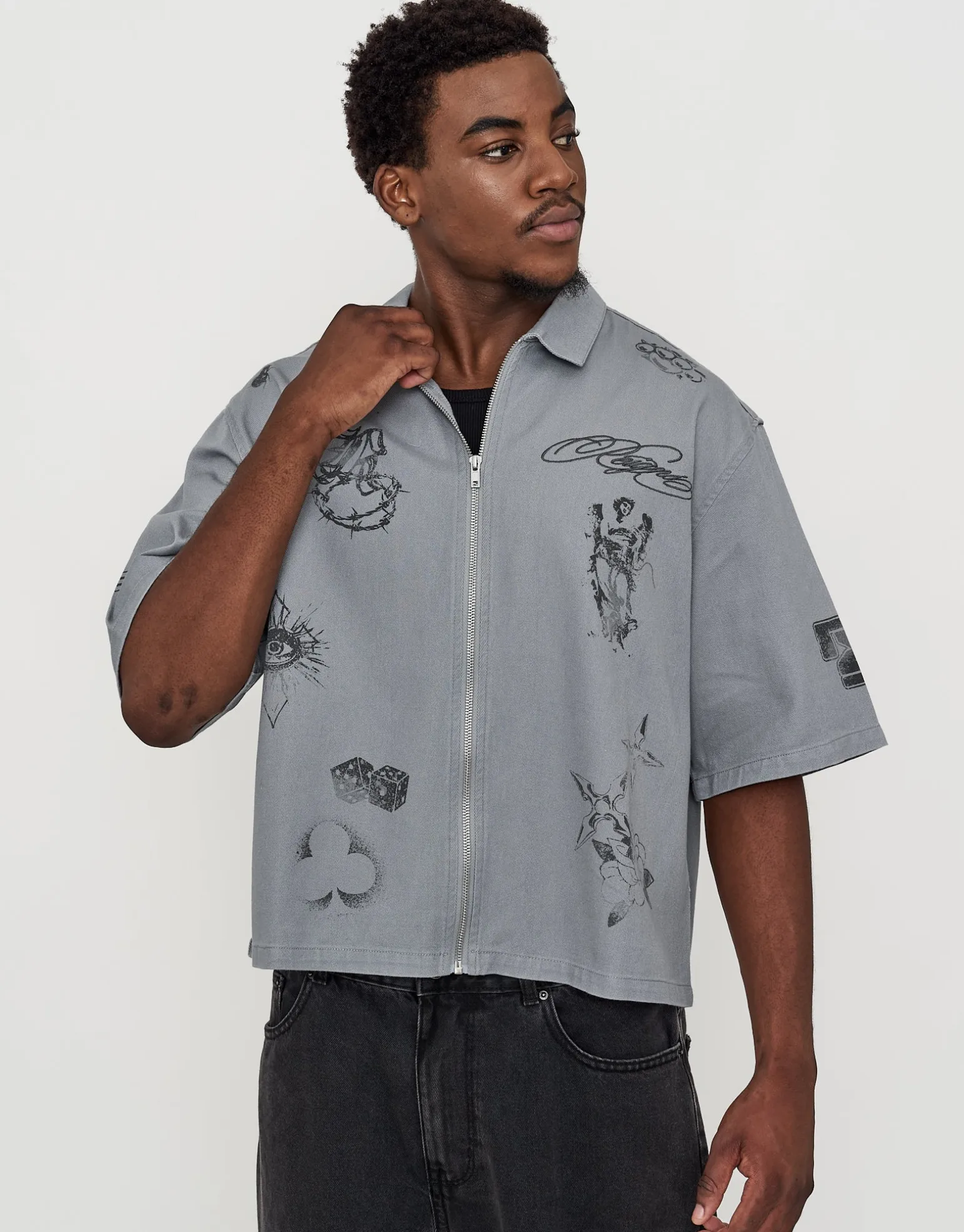 Sketch Cropped Zip Up Shirt in Pebble