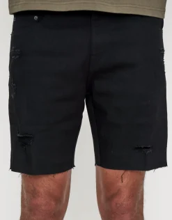 Skinny Rip Denim Shorts in Solid Black