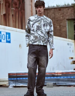 Static Camo Oversized Long Sleeve T Shirt in Grey Camo