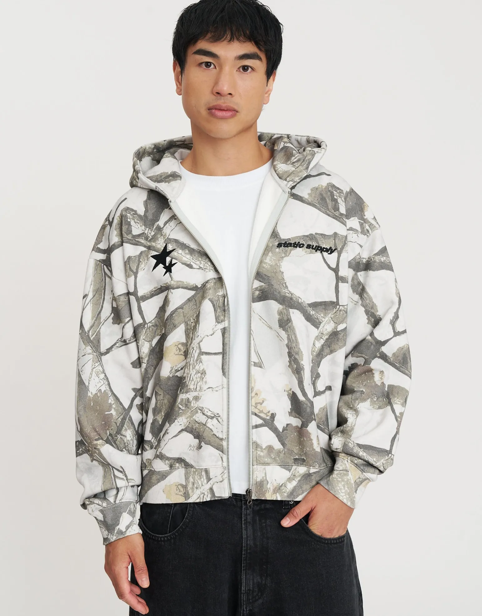 Static Supply Applique Zip Up Hoodie in Grey Camo