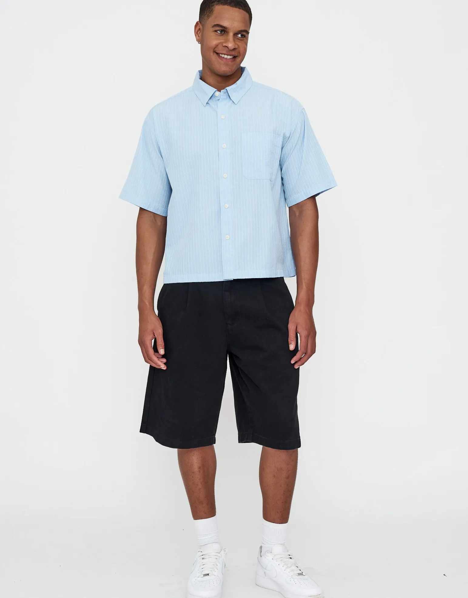 Striped Cropped Box Fit Short Sleeve Shirt in Lt Blue