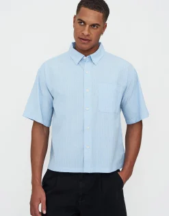 Striped Cropped Box Fit Short Sleeve Shirt in Lt Blue