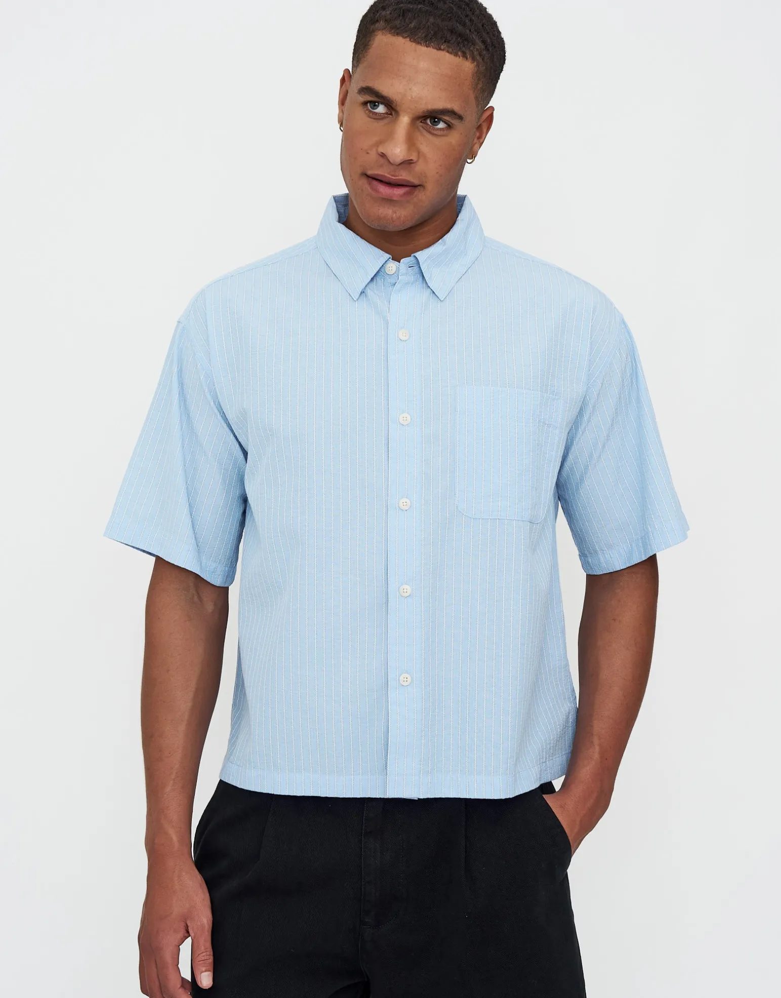 Striped Cropped Box Fit Short Sleeve Shirt in Lt Blue