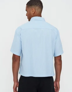 Striped Cropped Box Fit Short Sleeve Shirt in Lt Blue