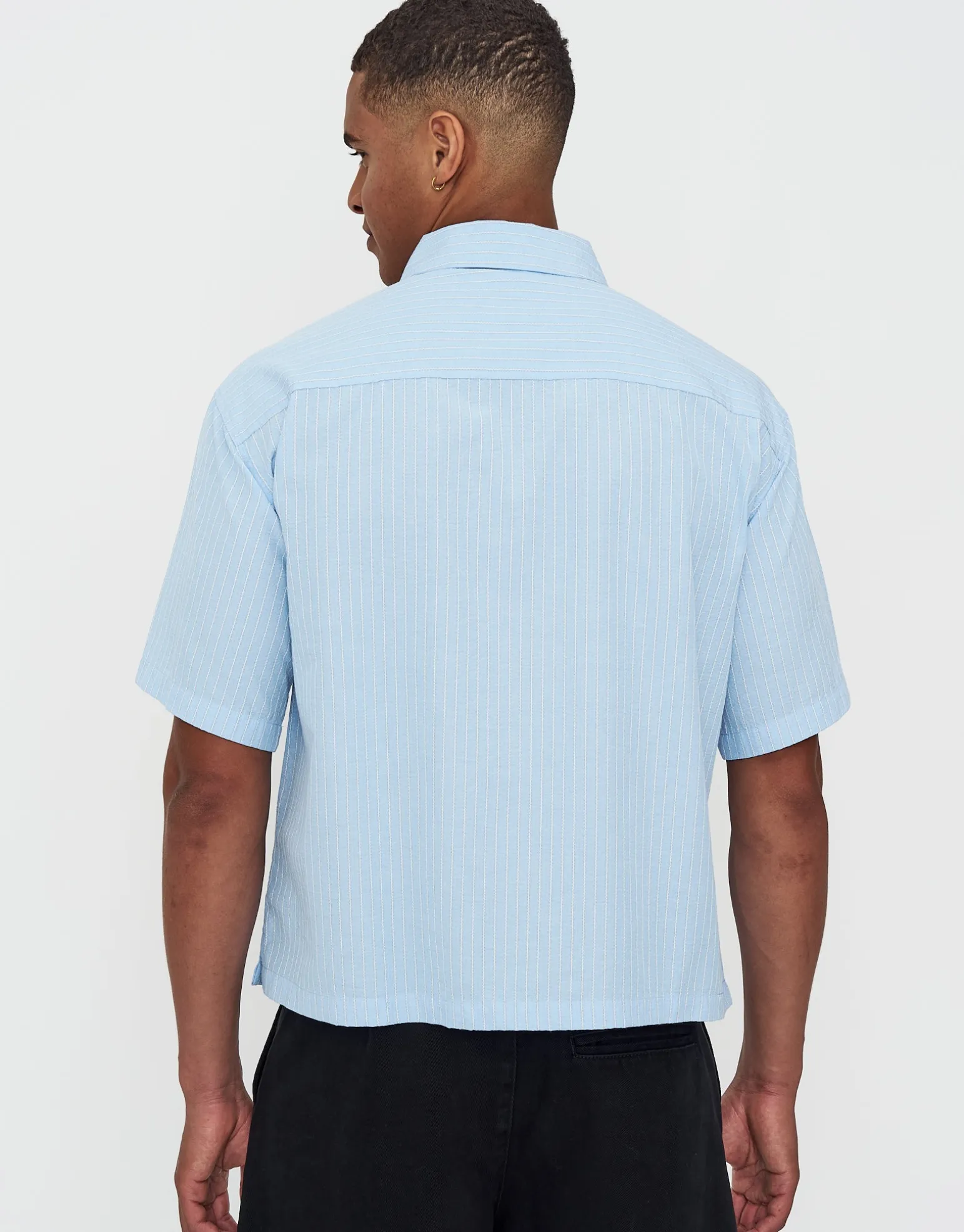 Striped Cropped Box Fit Short Sleeve Shirt in Lt Blue