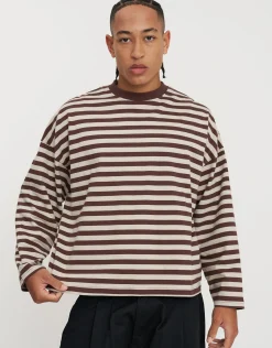 Striped Long Sleeve Cropped T Shirt in Snow
