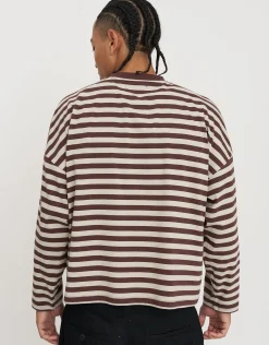 Striped Long Sleeve Cropped T Shirt in Ecru