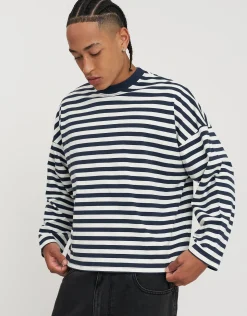 Striped Long Sleeve Cropped T Shirt in Ecru