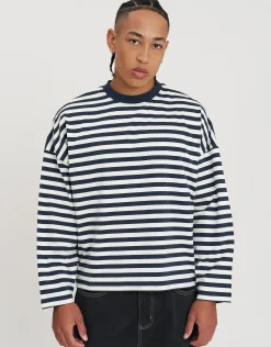 Striped Long Sleeve Cropped T Shirt in Ecru