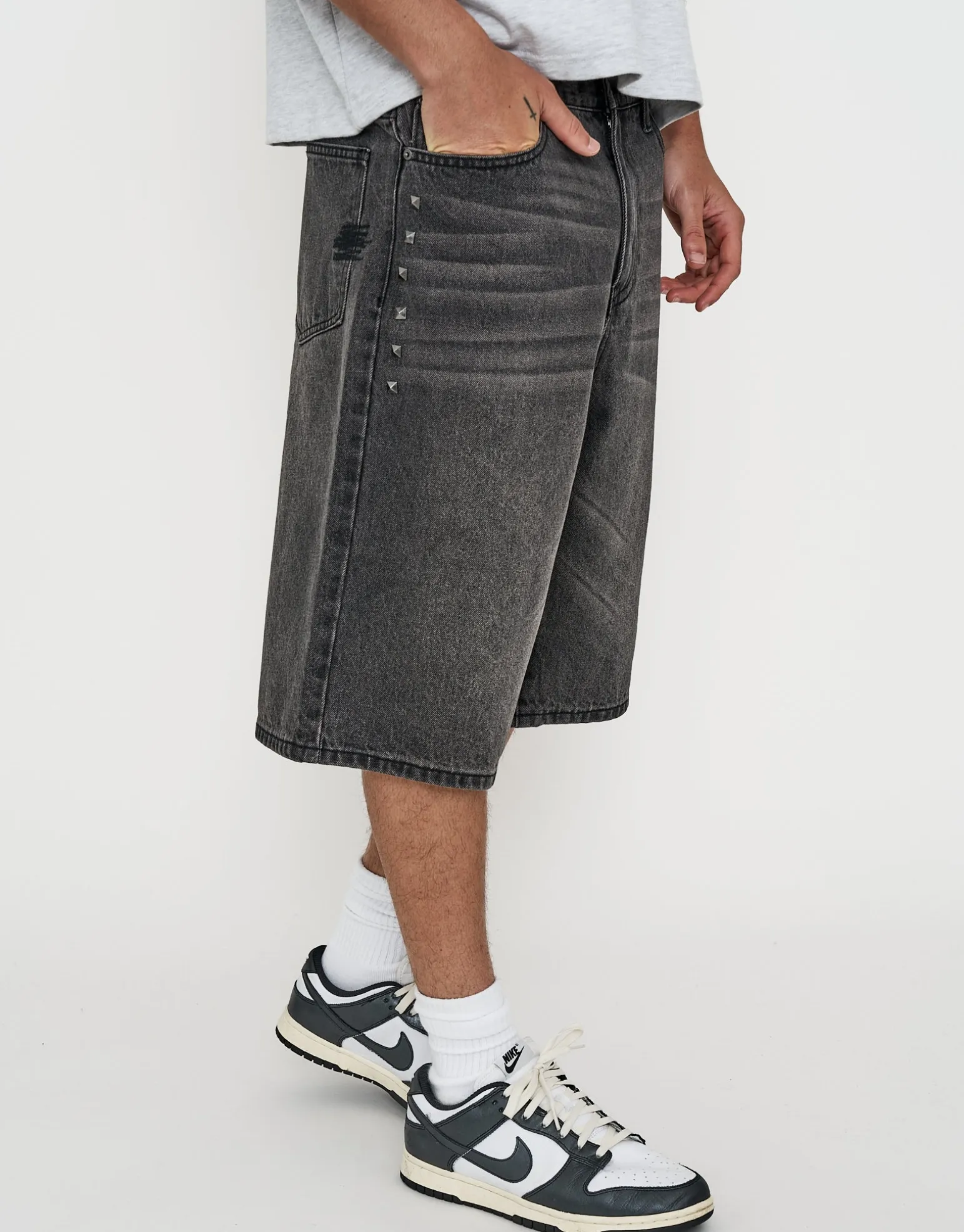 Studded Baggy Fit Jorts in Gothic Black