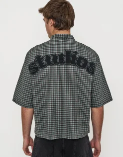 Studio Check Cropped Short Sleeve Shirt in Peach