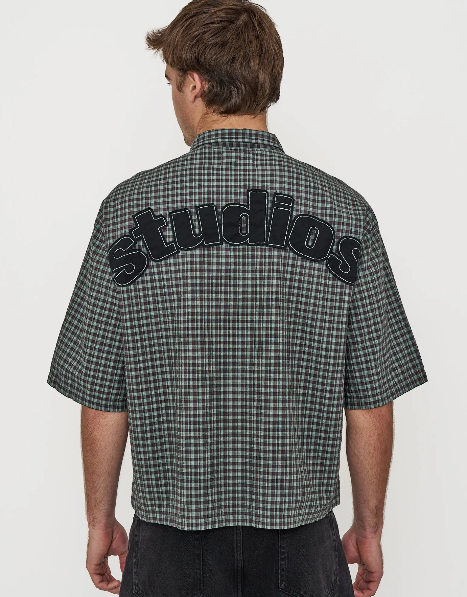 Studio Check Cropped Short Sleeve Shirt in Peach