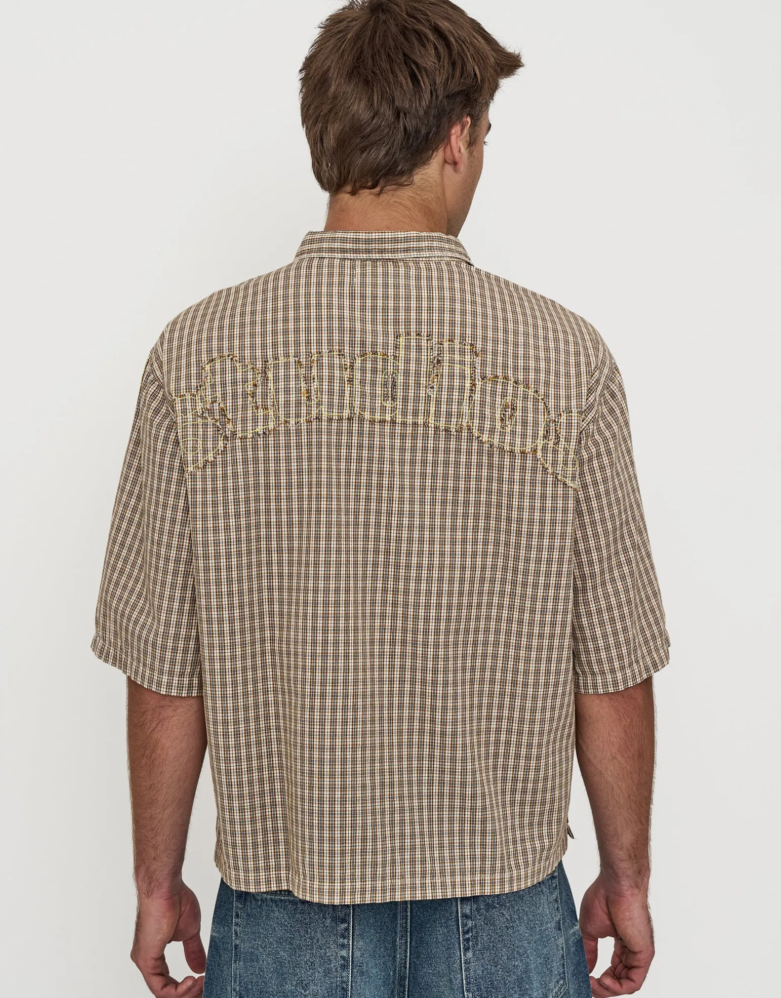 Studio Check Cropped Short Sleeve Shirt in Peach