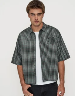 Studio Check Cropped Short Sleeve Shirt in Peach