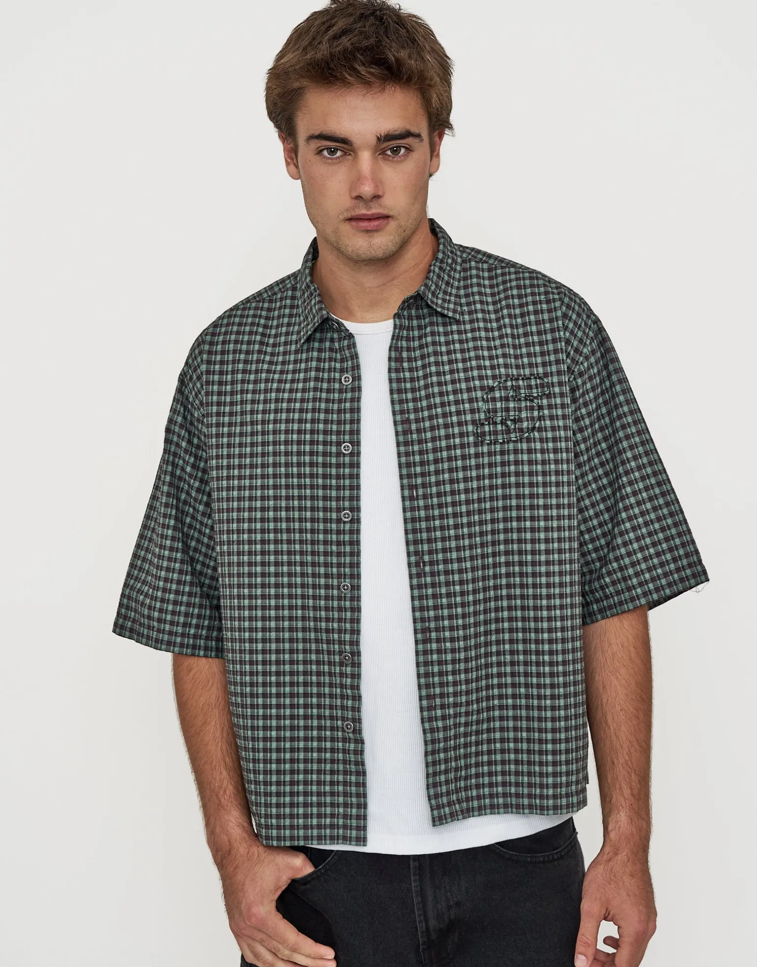 Studio Check Cropped Short Sleeve Shirt in Peach