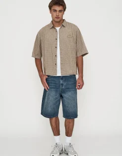 Studio Check Cropped Short Sleeve Shirt in Peach