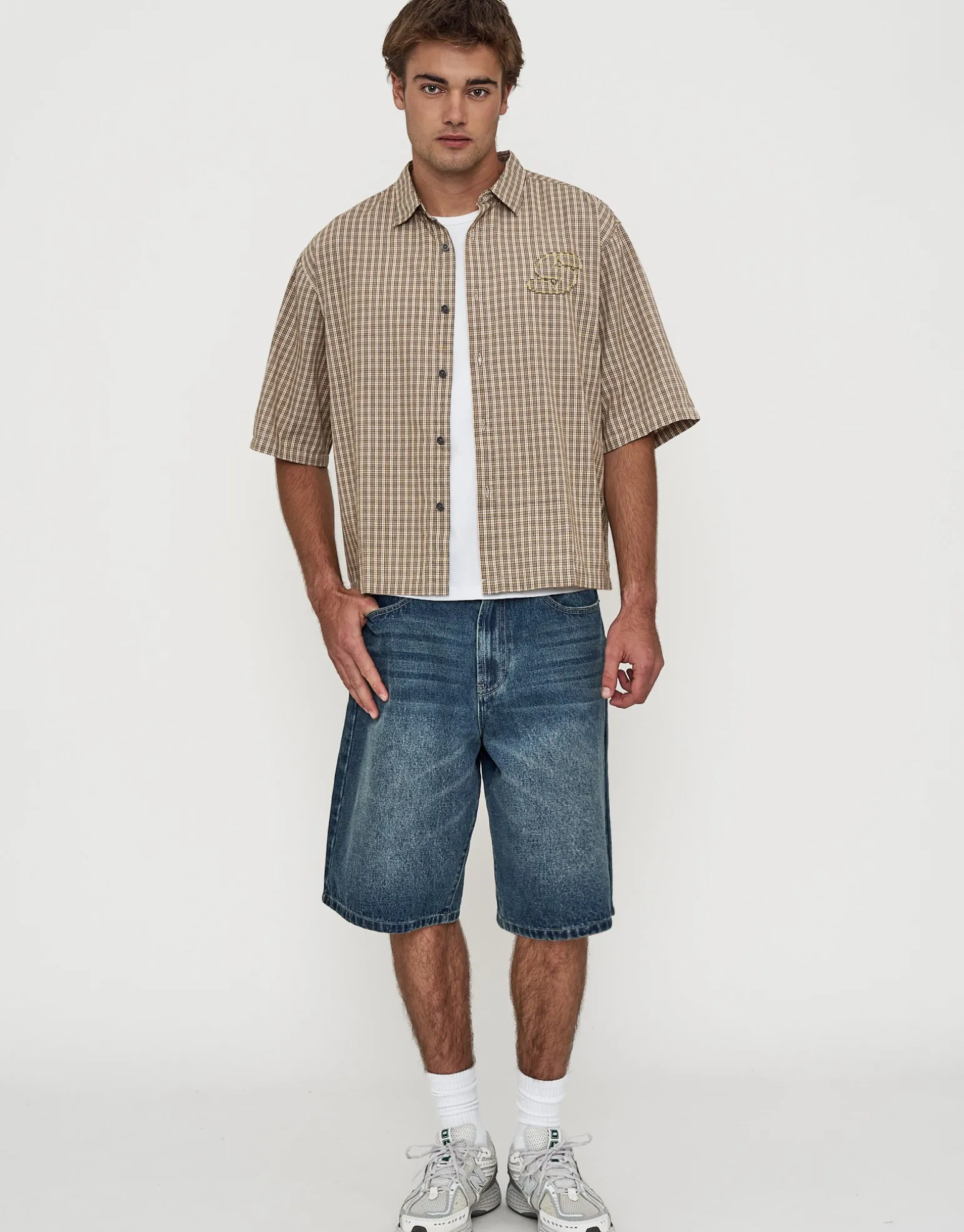 Studio Check Cropped Short Sleeve Shirt in Peach