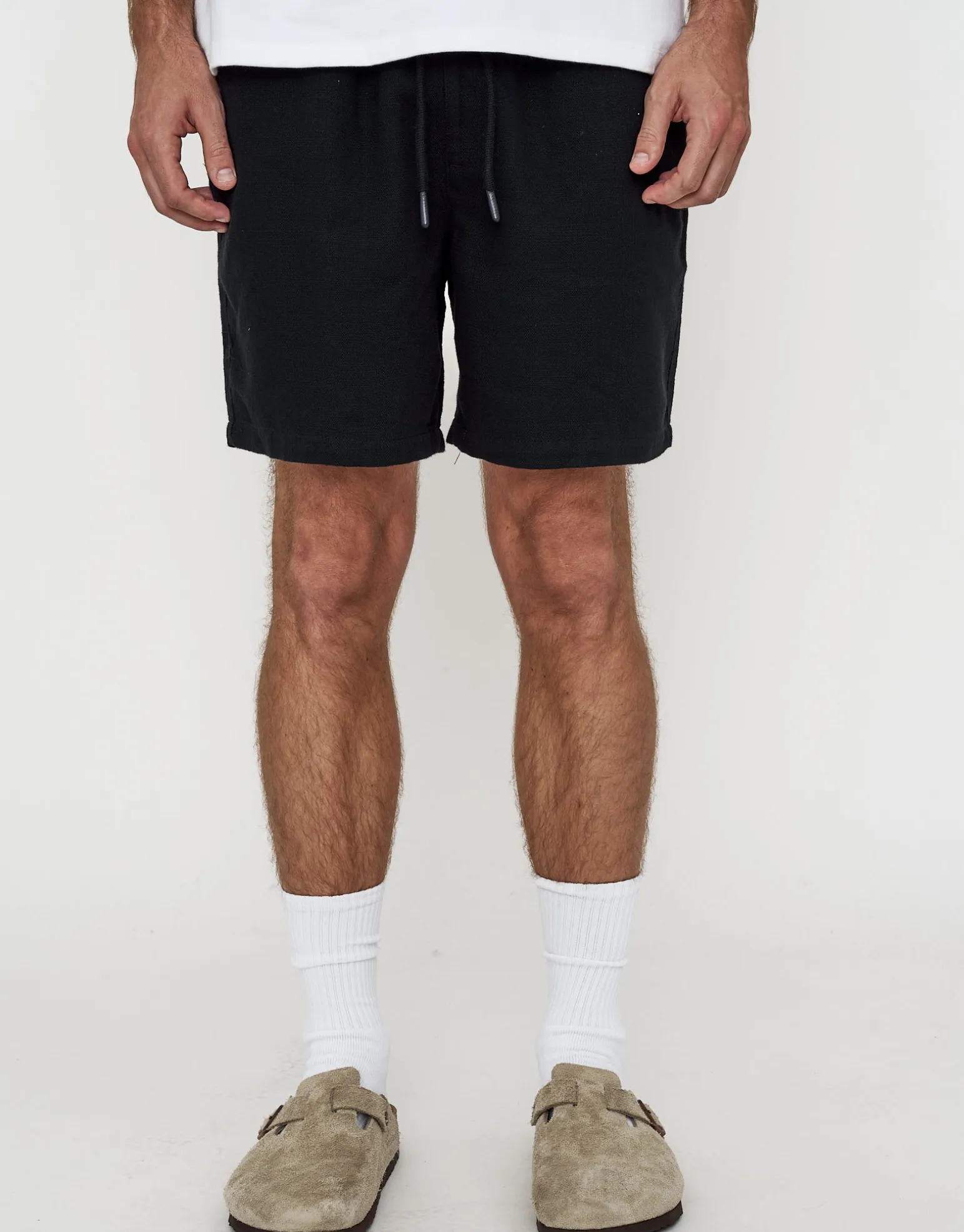 Textured Elastic Waist Shorts in Solid Black