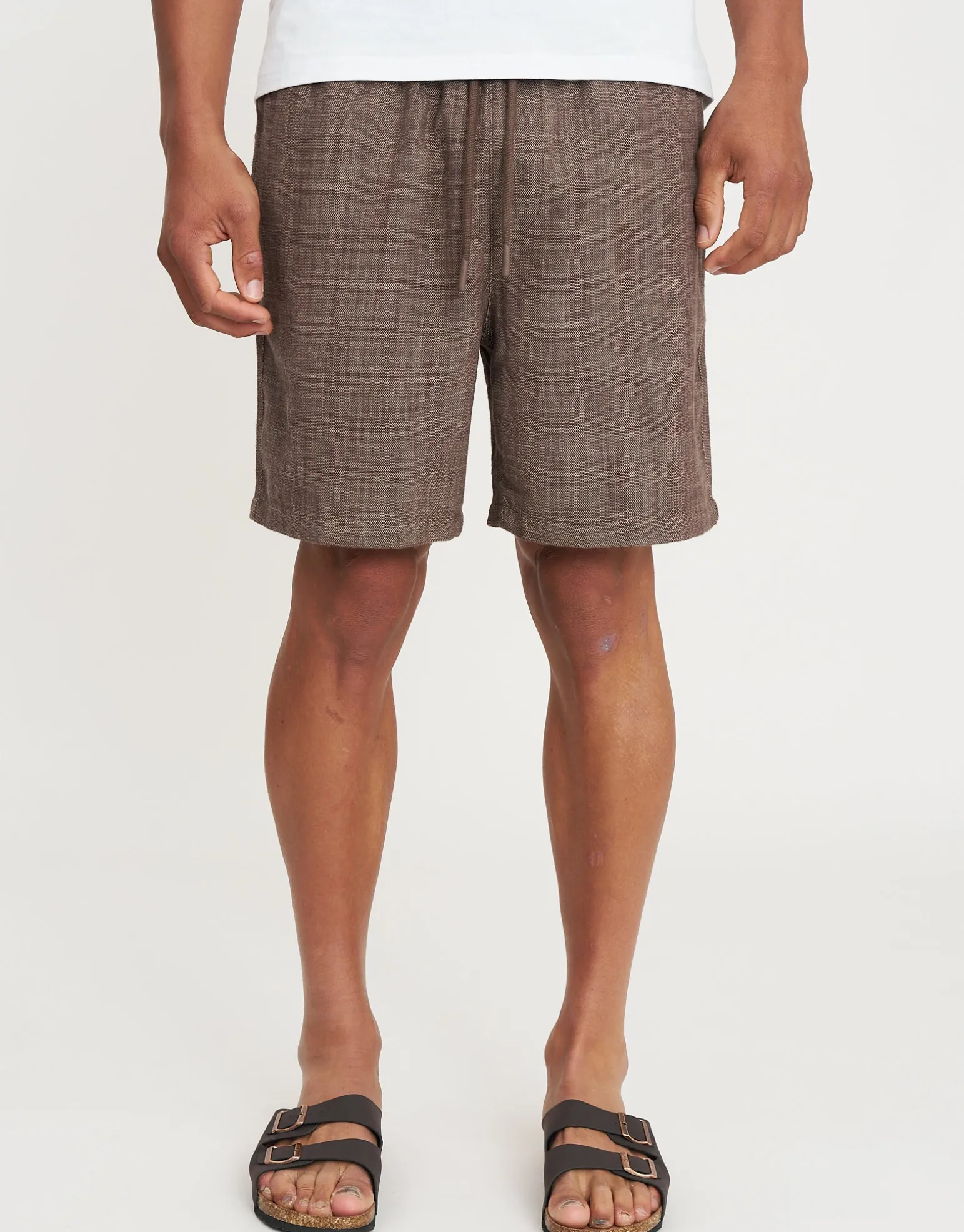 Textured Elastic Waist Shorts in Chocolate