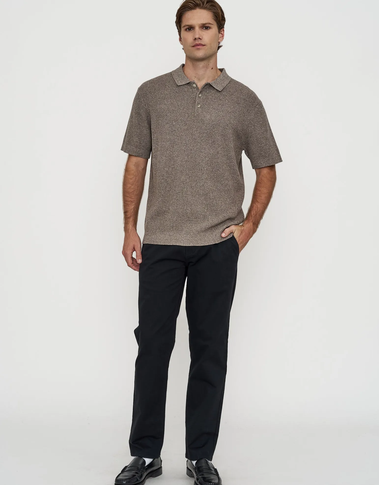 Textured Short Sleeve Knit Polo in Biscuit