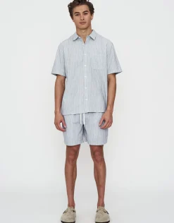 Textured Stripe Pattern Elastic Waist Shorts in Lt Blue