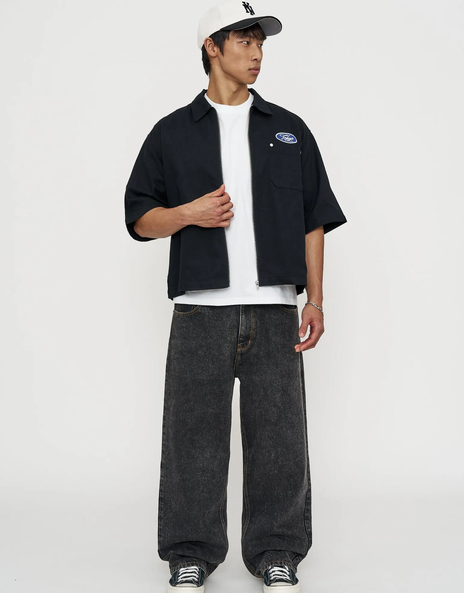 Tokyo Cropped Mechanic Zip Up Shirt in Off White