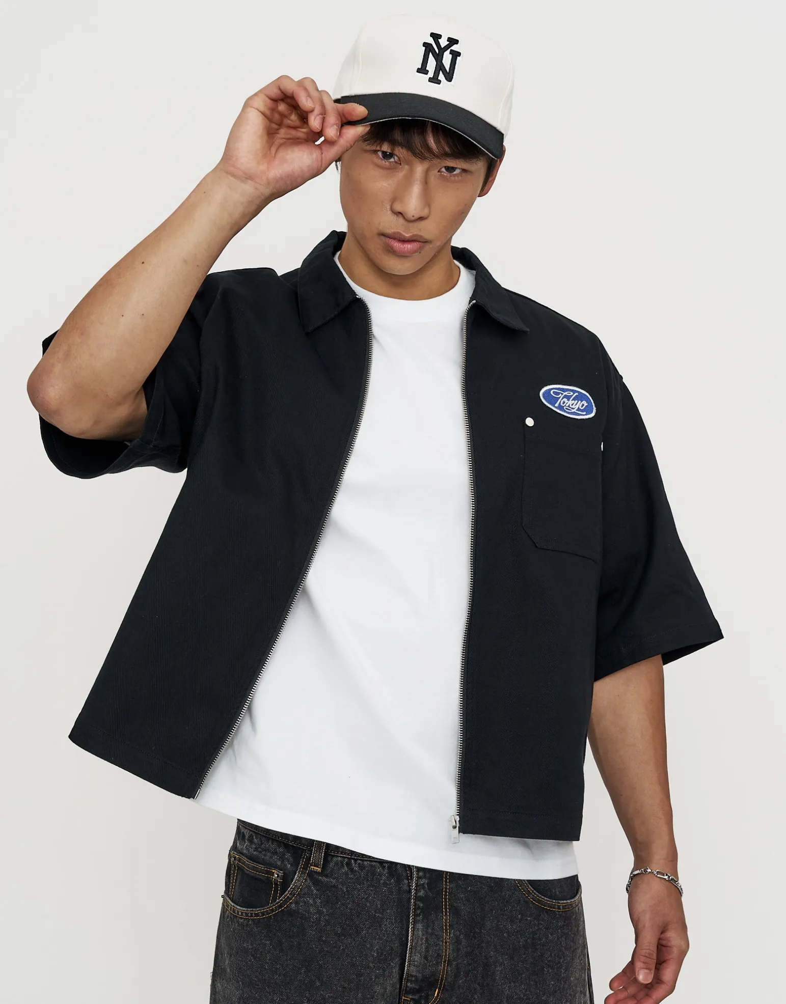 Tokyo Cropped Mechanic Zip Up Shirt in Off White