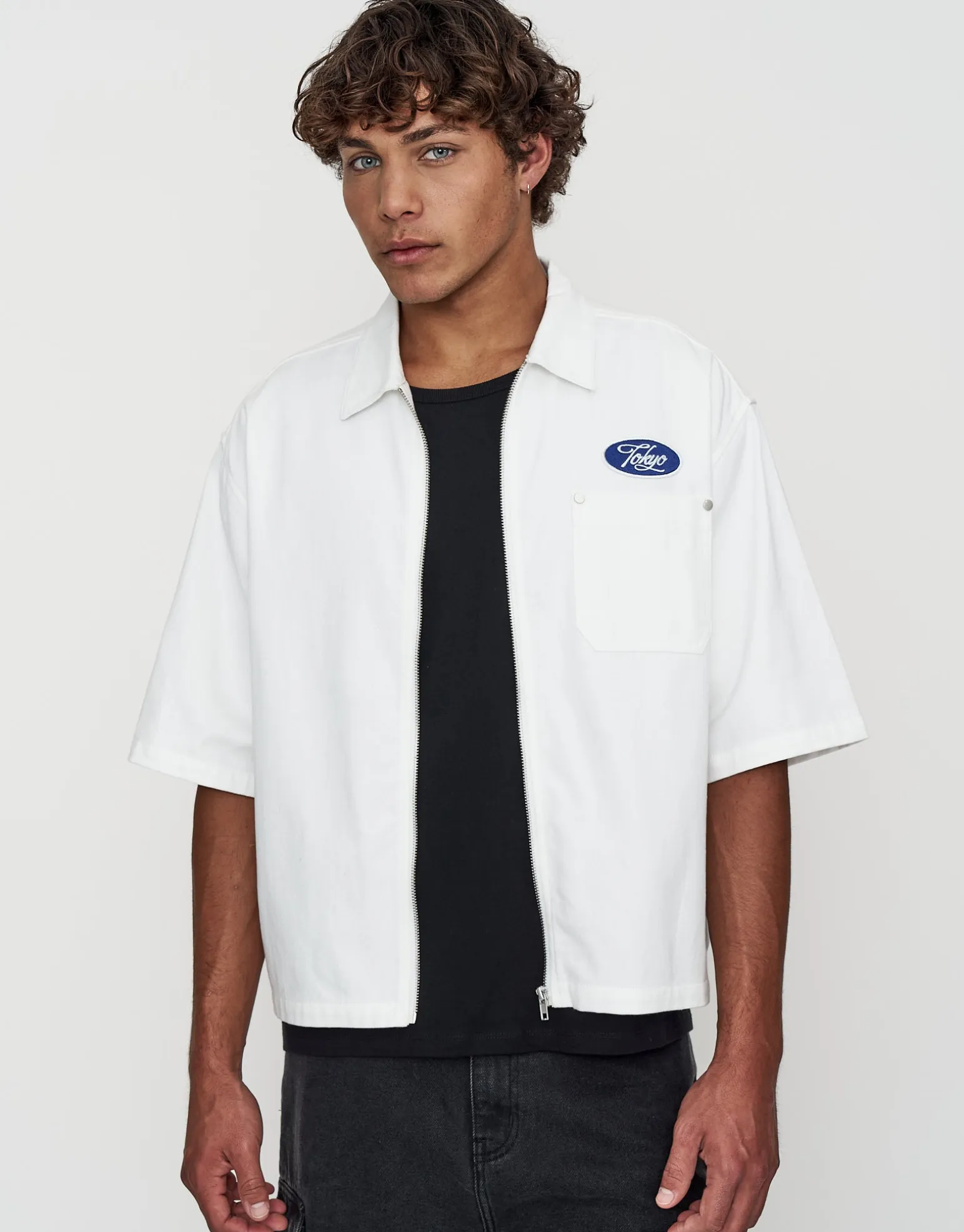 Tokyo Cropped Mechanic Zip Up Shirt in Off White
