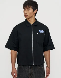 Tokyo Cropped Mechanic Zip Up Shirt in Off White
