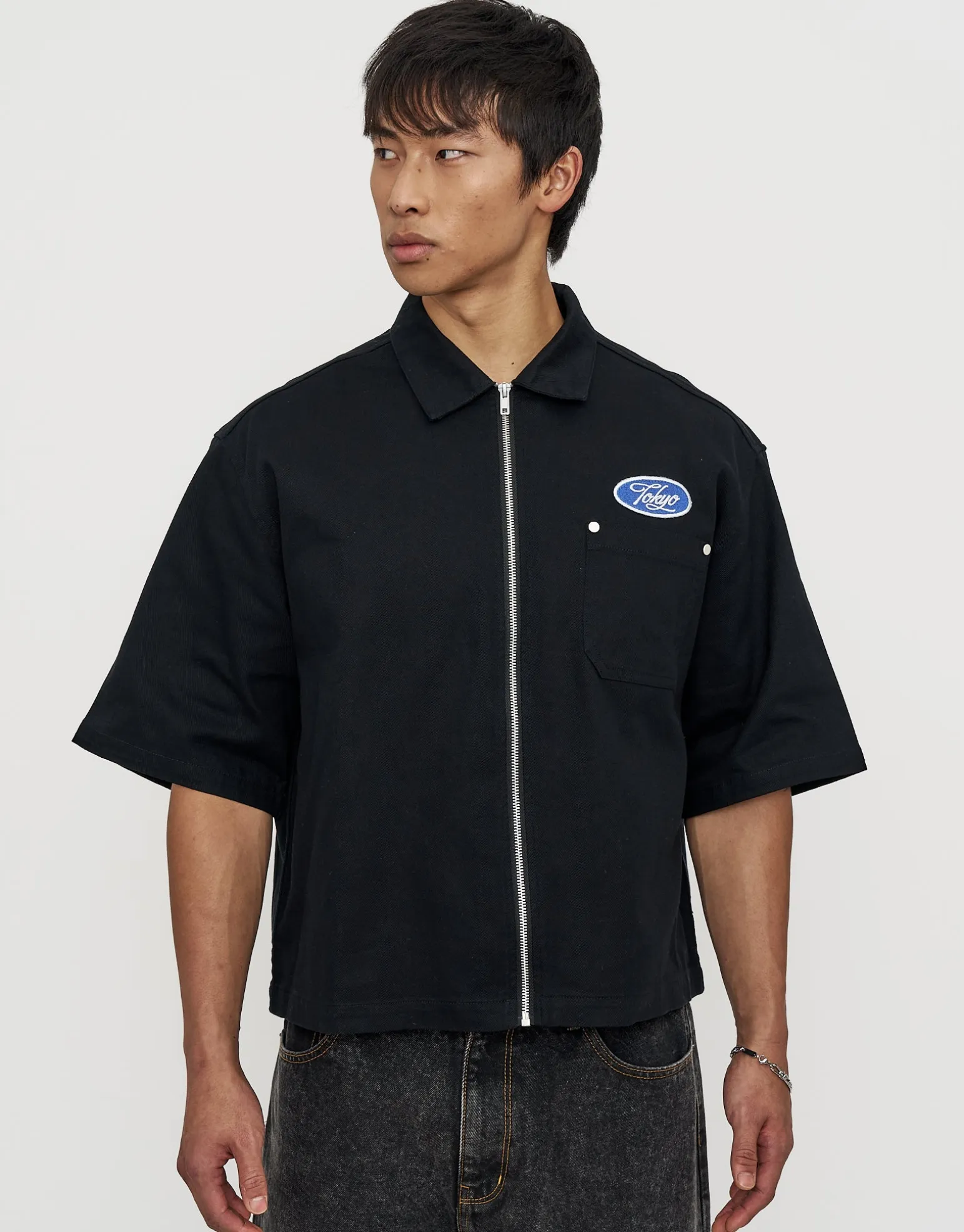 Tokyo Cropped Mechanic Zip Up Shirt in Off White