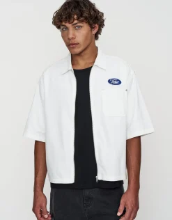 Tokyo Cropped Mechanic Zip Up Shirt in Solid Black