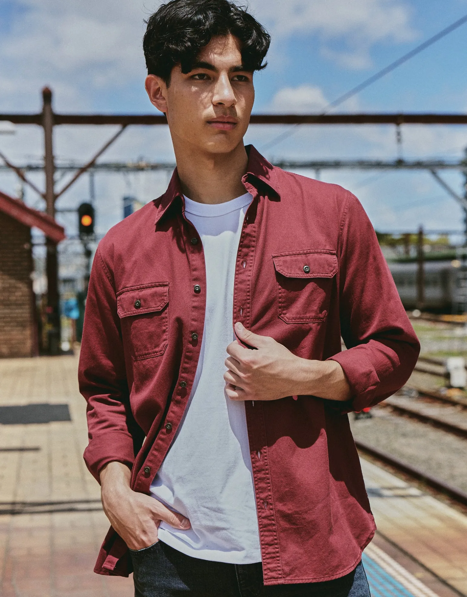 Twill Long Sleeve Shirt in Crimson