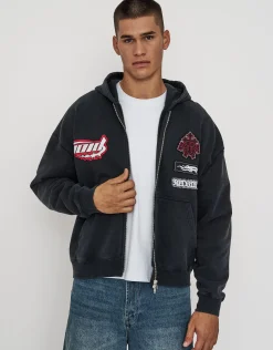 Void Oversized Cropped Zip Up Hoodie in Washed Black