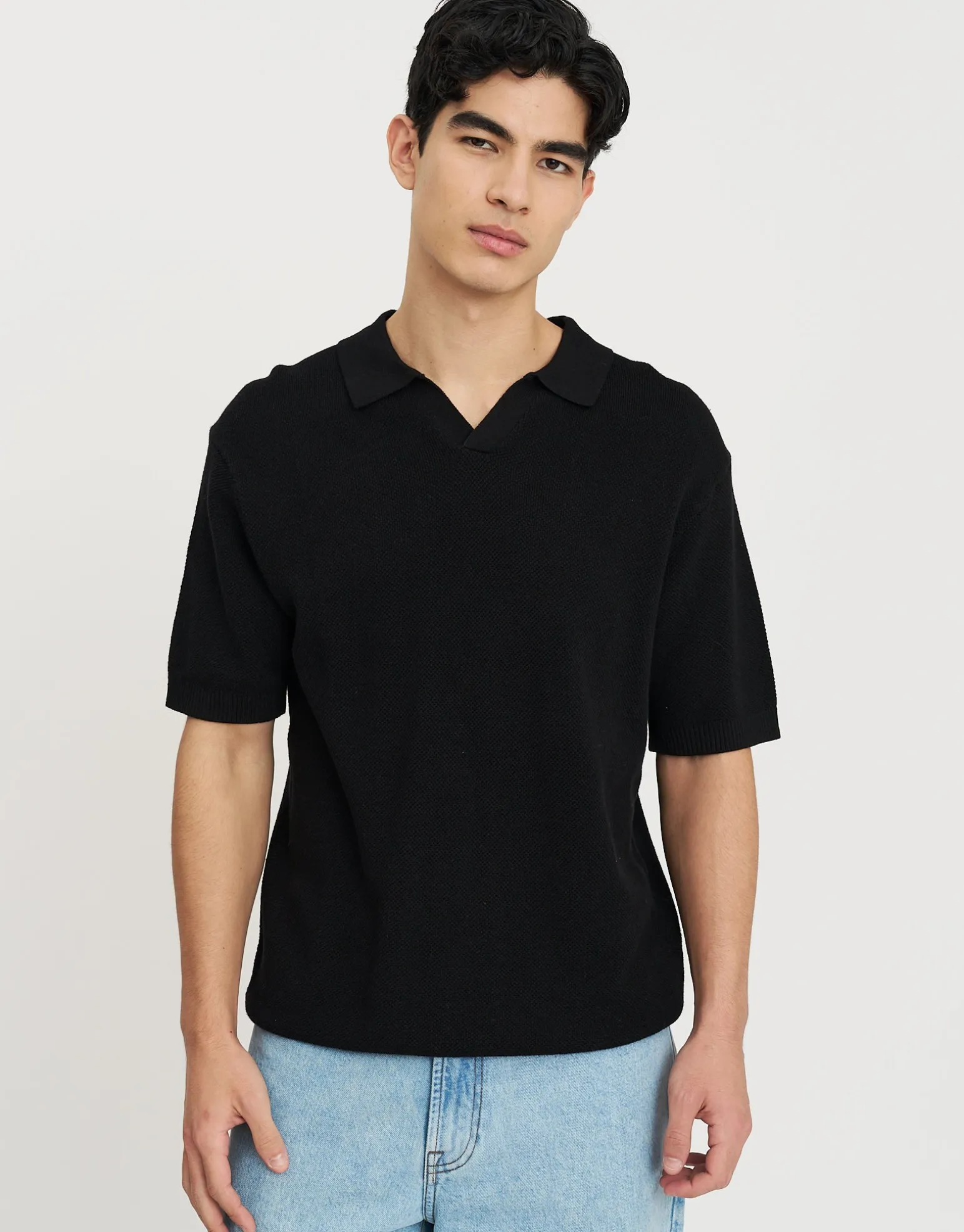 Waffle Knit Short Sleeve Polo in Bone
