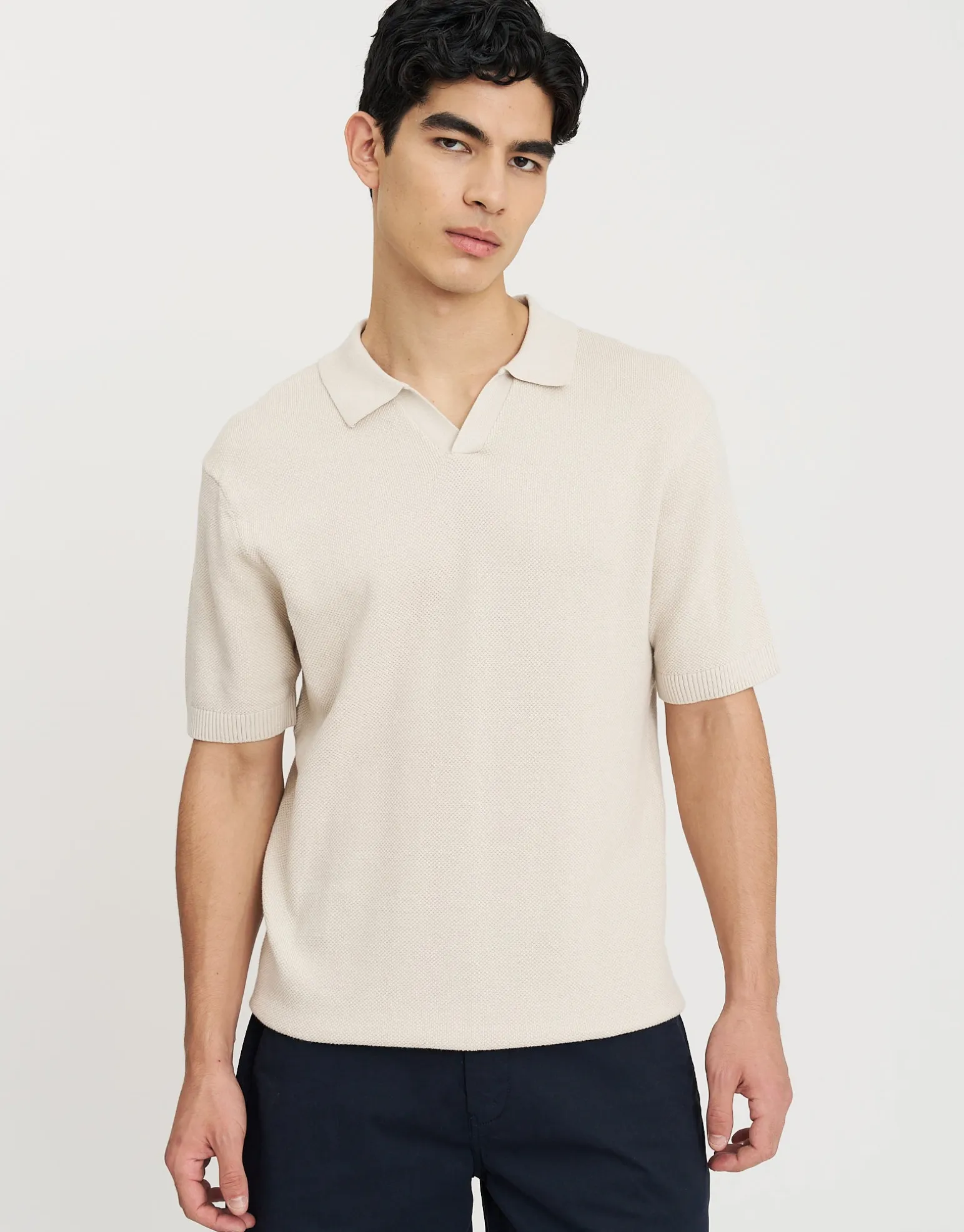 Waffle Knit Short Sleeve Polo in Bone